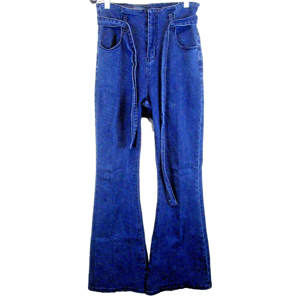 Womens Shein Blue Stretch Denim Bell Bottom Jeans w Waist Sash sz L(28x31x11r)